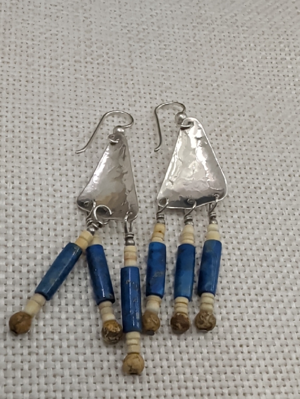 Vintage Sterling 925 Lapis Southwestern Fringe Long Drop Earrings Boho 1990s - Picture 10 of 17